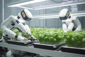 robots lechuga plantas en laboratorio futurista robótico agricultores transformando agricultura con avanzado tecnología granja automatización ai generado foto