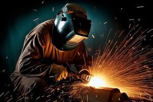 Welder Wearing Welding Gear with Sparks A Skilled Welder in the Industrial Setting with Bokeh and Sparkle Background, photo