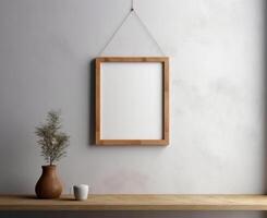 Blank Wooden Picture Frame Mockup Hanging on Wall Empty Poster Mockup for Art Display. Front View with Copy Space photo