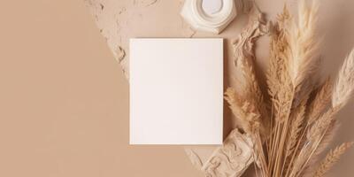 Mockup Paper Wedding Invitation Boho Minimal Style Greeting Card for Wedding Invitations and Birthday Stationery. Top View Flat Lay Copyspace. photo