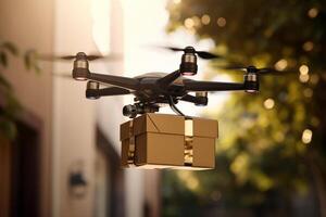 Futuristic Drone Delivery Revolutionizing Business Air Transportation with Unmanned Aircraft Robots, package flying through the air off a drone photo