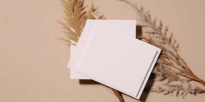 Mockup Paper Wedding Invitation Boho Minimal Style Greeting Card for Wedding Invitations and Birthday Stationery. Top View Flat Lay Copyspace. photo