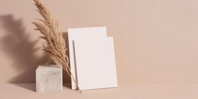 Mockup Paper Wedding Invitation Boho Minimal Style Greeting Card for Wedding Invitations and Birthday Stationery. Top View Flat Lay Copyspace. photo