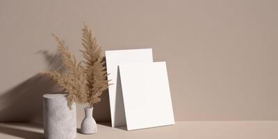 Mockup Paper Wedding Invitation Boho Minimal Style Greeting Card for Wedding Invitations and Birthday Stationery. Top View Flat Lay Copyspace. photo