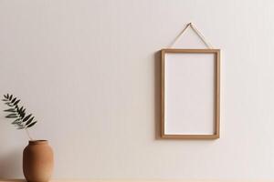 Blank Wooden Picture Frame Mockup Hanging on Wall Empty Poster Mockup for Art Display. Front View with Copy Space photo