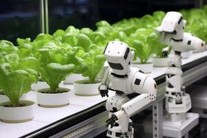 Robots Lettuce Plants in Lab Futuristic Robotic Farmers Transforming Agriculture with Advanced Technology Farm Automation photo