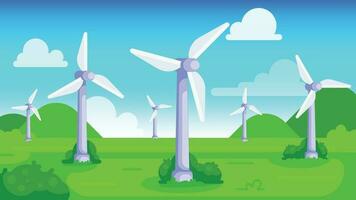 Wind turbines on green field with blue sky. Sustainable renewable green energy concept. flat style vector illustration