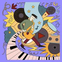 Hand drawn music doodle style illustration, 90s retro music party elements event poster vector