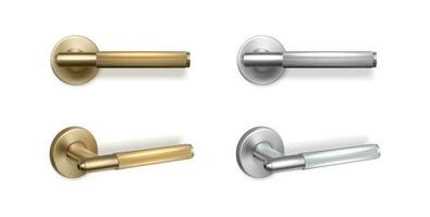 3d realistic vector icon set. Golden and silver door handles in side and front view. Islated on white background.