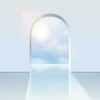 3d realistic vector white arch with a view on the blue sky with sunlight reflection.