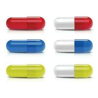 3d realistic vector collection of different colorful capsules. Icon isolated illustration on white background.