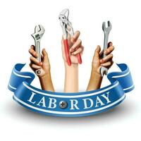 3d realistic vector illustration icon of Labor day banner. Element design emblem. Hands holding instruments like screw or wrench. Isolated on white background.