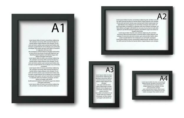 3d realistic vector collection picture frames in black. For presentation mock up, isolated on white background.