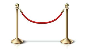 3d realistic vector red velvet barrier rope with golden details. Isolated on white background.