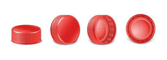 3d realistic collection of red plastic bottle caps in side, top and bottom view.  Mockup with pet screw lids for water, beer, cider of soda. Isolated icon illustration. vector