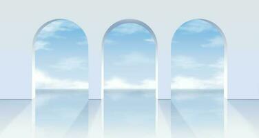 3d realistic vector white arches with a view on the blue sky.