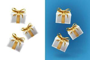 3d realistic vector icon set. Flying white boxes of presents with golden ribbons on a white and blue background.