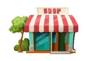 Vector cartoon style of cafe front  shop view. Isolated on white background with green tree and bushes.