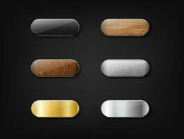 3d realistic vector web buttons. Gold, wood, metal and black. Isolated on white background.