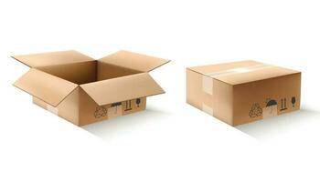 3d realistic vector carton boxes in open and closed view. Isolated icon illustration on white background.