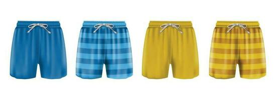 3d realistic vector collection of man boxers swimsuit in stripes or blue and orange. Isolated on white background.