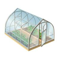Isometric 3d realistic vector greenhouse with plants and glass with open door. Isolated illustration icon on white background.