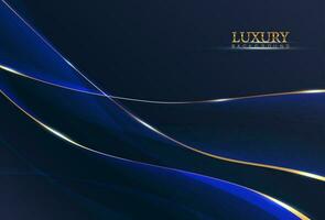 Blue abstract luxury background with wavy fabric and golden ribbon shiny lines. vector