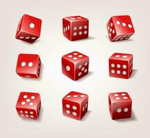 3d realistic vector icon illustration. Collection of red poker dice cubes.