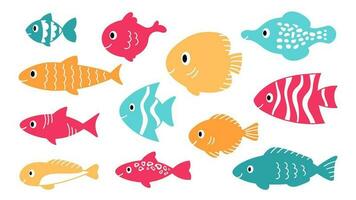 Colorful fish doodle set vector