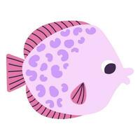 Isolated cartoon purple pink marine fish with purple blobs in hand drawn flat style on white background. vector