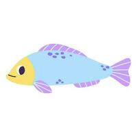 Isolated cartoon blue marine fish with purple spots in hand drawn flat style on white background. vector