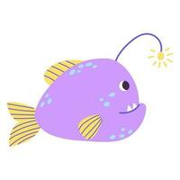 Isolated cartoon yellow purple marine angler fish with blue blobs in hand drawn flat style on white background. vector