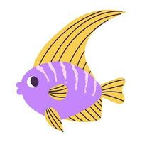 Isolated cartoon purple marine angelfish with stripes in hand drawn flat style on white background. vector