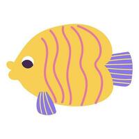 aislado dibujos animados amarillo marina pescado con rosado rayas en mano dibujado plano estilo en blanco antecedentes. vector