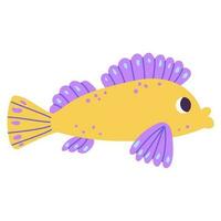 Isolated cartoon yellow marine fish with purple blobs in hand drawn flat style on white background. vector