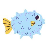 Isolated cartoon inflated blue marine puffer fish with spots in hand drawn flat style on white background. vector