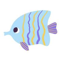 Isolated cartoon yellow blue marine fish with lines in hand drawn flat style on white background. vector