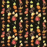 Watercolor seamless pattern with hand drawn traditional Japanese sweets. Wagashi, mochi, autumn maple leaves Isolated on color background. Invitations, restaurant menu, greeting cards, print, textile vector