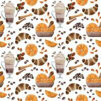 Watercolor hand drawn seamless pattern with coffee cups, beans, orange, cinnamon, croissant, bags. Isolated on white background. For invitations, cafe, restaurant food menu, print, website, cards vector