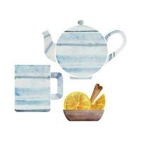 Watercolor hand drawn illustration. Porcelain striped tea pot, cups mugs lemon slices, cinnamon. Isolated on white background. For invitations, cafe or restaurant food menu, print, website, cards vector