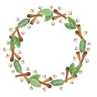 Watercolor hand drawn circle frame wreath with coffee leaves, beans, sugar cubes, cinnamon stick spice. Isolated on white background. For invitations, cafe, restaurant food menu, print, website, cards vector