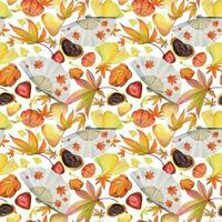 Watercolor seamless pattern with hand drawn traditional Japanese sweets. Wagashi, mochi, autumn maple leaves Isolated on color background. Invitations, restaurant menu, greeting cards, print, textile vector