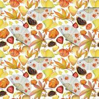 Watercolor seamless pattern with hand drawn traditional Japanese sweets. Wagashi, mochi, autumn maple leaves Isolated on color background. Invitations, restaurant menu, greeting cards, print, textile vector