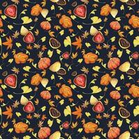 Watercolor seamless pattern with hand drawn traditional Japanese sweets. Wagashi, mochi, autumn maple leaves Isolated on color background. Invitations, restaurant menu, greeting cards, print, textile vector