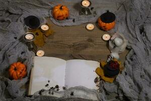 Halloween background. Opened book of bewithcment. photo