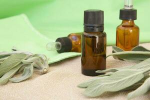 A dropper bottle of sage essential oil. photo