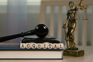 Word ACQUITAL composed of wooden dices. Wooden gavel and statue of Themis in the background. photo