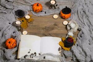 Halloween background. Opened book of bewithcment. photo