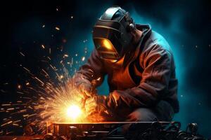 Welder Wearing Welding Gear with Sparks A Skilled Welder in the Industrial Setting with Bokeh and Sparkle Background, photo