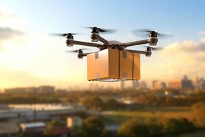 Futuristic Drone Delivery Revolutionizing Business Air Transportation with Unmanned Aircraft Robots, package flying through the air off a drone photo